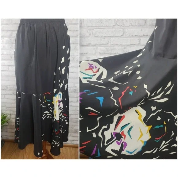 1980s Vintage Memphis Style Midi Trumpet Skirt Abstract Floral Size 8 - Picture 7 of 7